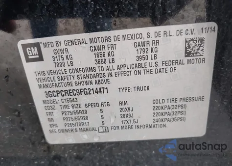 2015 Chevrolet Silverado 1500 1Lt from USA, damaged, VIN 3GCPCREC9FG214471